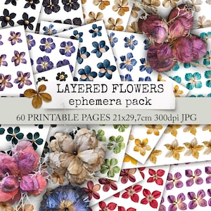 Puede incluir: Una colección de páginas de efemérides florales con diseños de flores en capas en varios colores, incluyendo morado, azul y amarillo. El texto dice "LAYERED FLOWERS ephemera pack" y "60 PRINTABLE PAGES 21x29,7cm 300dpi JPG".