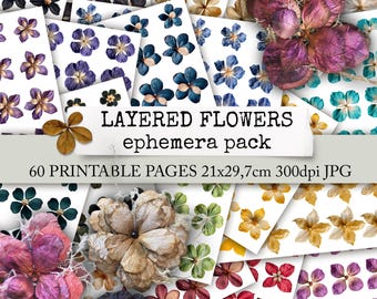 Paquete de efímeros de flores en capas, imágenes de flores en capas para recortar para diarios creativos, álbumes de recortes, cuadernos y tarjetas.
