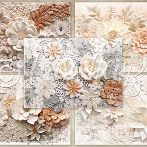 EMBROIDERY PAPER junk journal pages, embroidered paper flowers on fine crochet lace, background pages junk journals, collage sheets 21x29.7 image 6