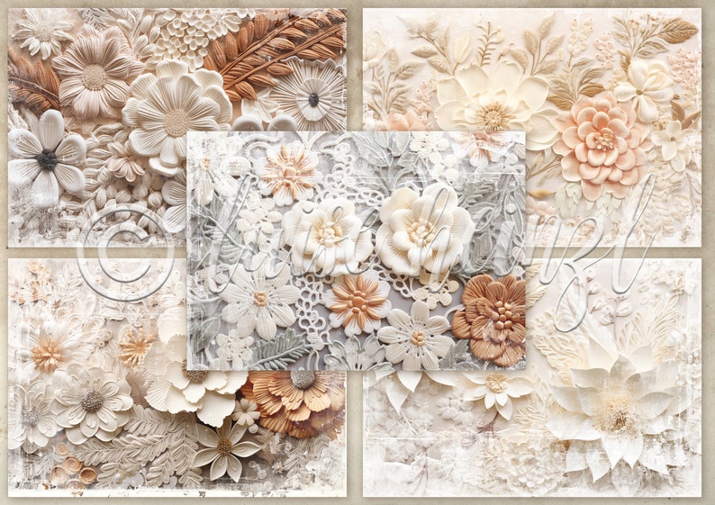 EMBROIDERY PAPER junk journal pages, embroidered paper flowers on fine crochet lace, background pages junk journals, collage sheets 21x29.7 image 6