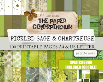 May include: A collection of green and chartreuse printable paper designs. The text on the image reads "The Paper Colorpendium" and "Pickled Sage & Chartreuse". Includes 100 printable pages in A4 and US Letter sizes. A swatchbook is included.