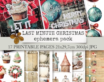 Könnte beinhalten: Ein digitaler Druckbogen mit 17 weihnachtlichen Bildern. Die Bilder beinhalten einen Cupcake mit einem Schneemann oben drauf, einen Weihnachtsbaumschmuck, ein Haus, eine Tasse Kaffee und einen Kranz. Die Texte "Let It Snow" und "Merry Christmas" sind in den Bildern enthalten. Die Bilder sind 21x29,7 cm groß und haben eine Auflösung von 300 dpi.