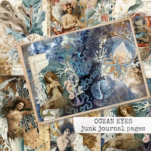 OCEAN EYES vintage zeemeerminnen zeepaardje junk journal pagina's, digitaal papier om DIN A4 te downloaden en af te drukken, collage papier