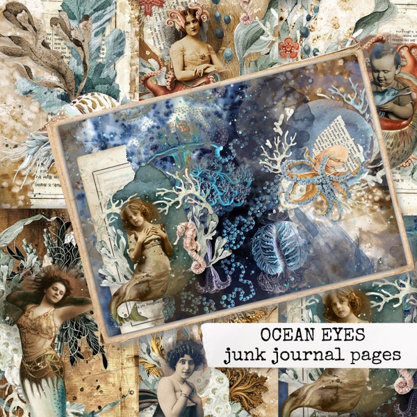 OCEAN EYES junk journal pages, digital printable pages with mermaids & seahorses, instant download for junk journal, scrapbook, notebooks