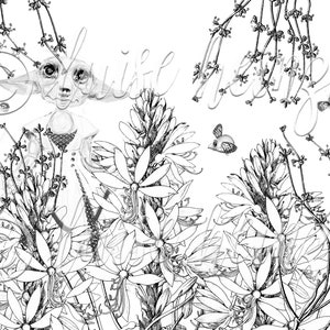 May include: A black and white illustration of a whimsical creature with large eyes and pointed ears standing in a field of flowers. The creature is surrounded by small flying insects.