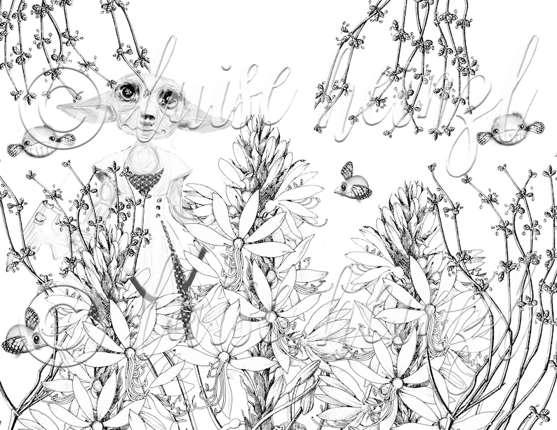 May include: A black and white illustration of a whimsical creature with large eyes and pointed ears standing in a field of flowers. The creature is surrounded by small flying insects.