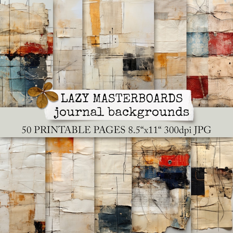 May include: 50 printable journal backgrounds with abstract designs in shades of brown, red, blue, and white. The backgrounds are 8.5 inches by 11 inches and 300 dpi. The text "LAZY MASTERBOARDS journal backgrounds" is displayed on a white banner.