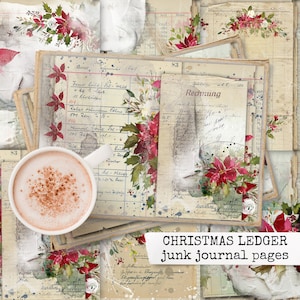 CHRISTMAS LEDGER junk journal pages, digital printable paper for junk journal, scrapbook, notebook, collage sheets, vintage paper download