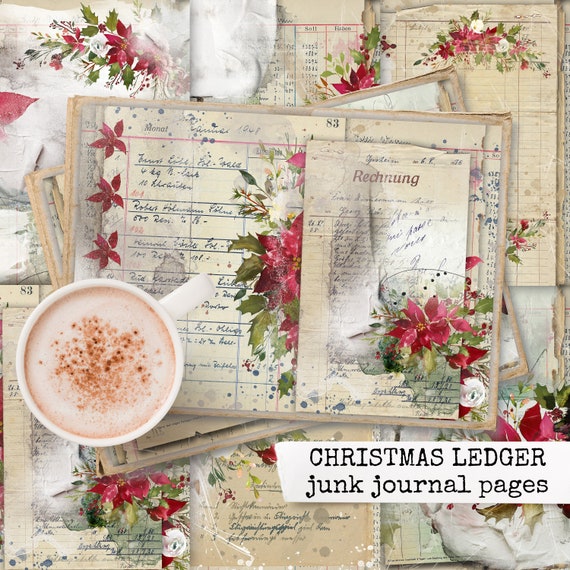 CHRISTMAS LEDGER Junk Journal Seiten vintage Weihnachten, Papier für Junk Journal, Scrapbook, Basteln, Collagepapier, DIN A4 Download