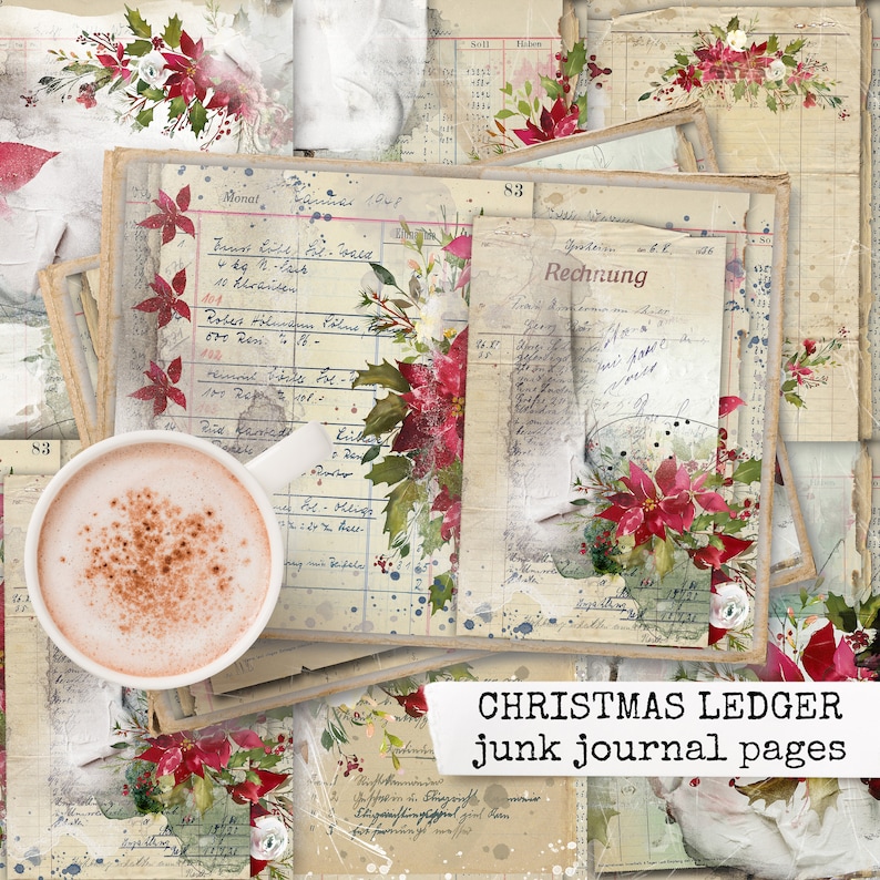 Op de afbeelding: Een set vintage-stijl journalpagina's met een kerstthema. De pagina's zijn versierd met rode kerststerren, hulstbladeren en handschrift. De pagina's zijn perfect om toe te voegen aan een junk journal of te gebruiken voor scrapbooking.