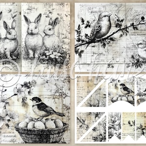 K&ouml;nnte beinhalten: Eine Collage von Illustrationen im Vintage-Stil in Schwarzwei&szlig;, die Kaninchen, V&ouml;gel und florale Elemente zeigt. Die Zeichnungen sind vor dem Hintergrund von gealtertem Papier mit handschriftlichem Text und Noten platziert.
