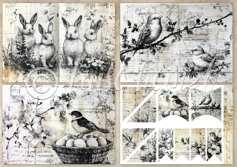 K&ouml;nnte beinhalten: Eine Collage von Illustrationen im Vintage-Stil in Schwarzwei&szlig;, die Kaninchen, V&ouml;gel und florale Elemente zeigt. Die Zeichnungen sind vor dem Hintergrund von gealtertem Papier mit handschriftlichem Text und Noten platziert.