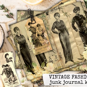 vintage fashion digital magazine, digital junk journal kit, digital printable junk journal, vintage fashion paper sheets for junk journal