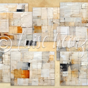 May include: Abstract art painting with a collage style, featuring a grid of squares and rectangles in shades of beige, brown, and gray. The painting has a textured surface and a distressed look.