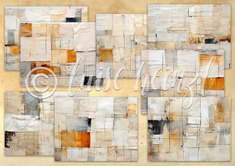May include: Abstract art painting with a collage style, featuring a grid of squares and rectangles in shades of beige, brown, and gray. The painting has a textured surface and a distressed look.