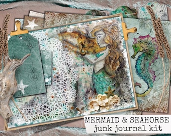MERMAID SEAHORSE printable, seahorse printable, digital junk journal, seahorse mermaid digital printable junk journal kit 21x29.7