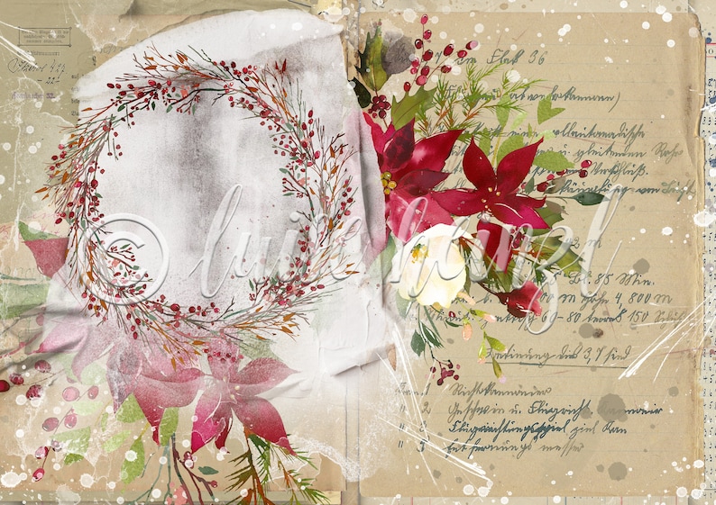 Op de afbeelding: Een vintage kerstkaart met een krans van rode bessen en groene bladeren, een witte bloem en rode kerststerren. De achtergrond is een getextureerd papier met handgeschreven tekst in het Duits.