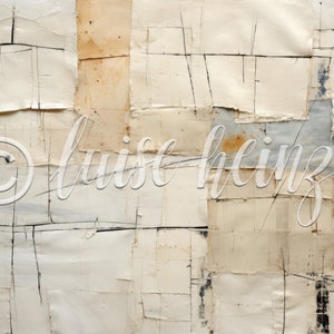 May include: Abstract art piece with a white background and a grid pattern. The grid is made up of squares and rectangles of different sizes. The squares and rectangles are made of different materials, including paper, fabric, and metal. The piece is signed "luise heinz" in the lower right corner.