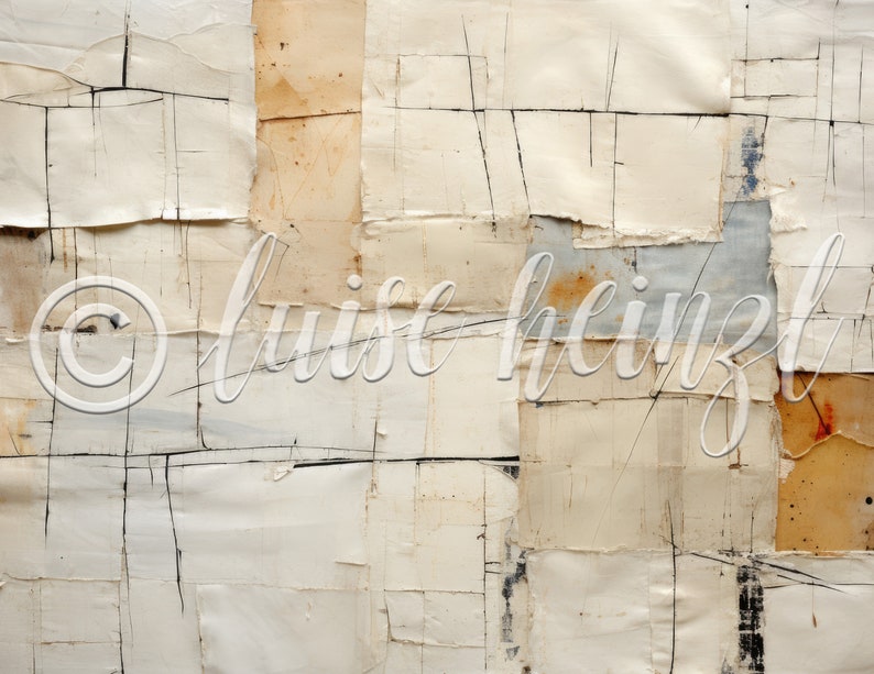 May include: Abstract art piece with a white background and a grid pattern. The grid is made up of squares and rectangles of different sizes. The squares and rectangles are made of different materials, including paper, fabric, and metal. The piece is signed "luise heinz" in the lower right corner.