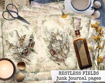 junk journal pages restless fields, butterfly moths junk journal kit, field notes, download collage sheets for junk journal, scrapbook