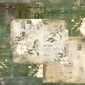 May include: A collage of vintage newspaper clippings with floral illustrations of white roses and green leaves. The text includes "Florists Supplies", "Herr's Pansies", "Myers", "Chinese Primroses", "John!" and "Greenhouse Gla".