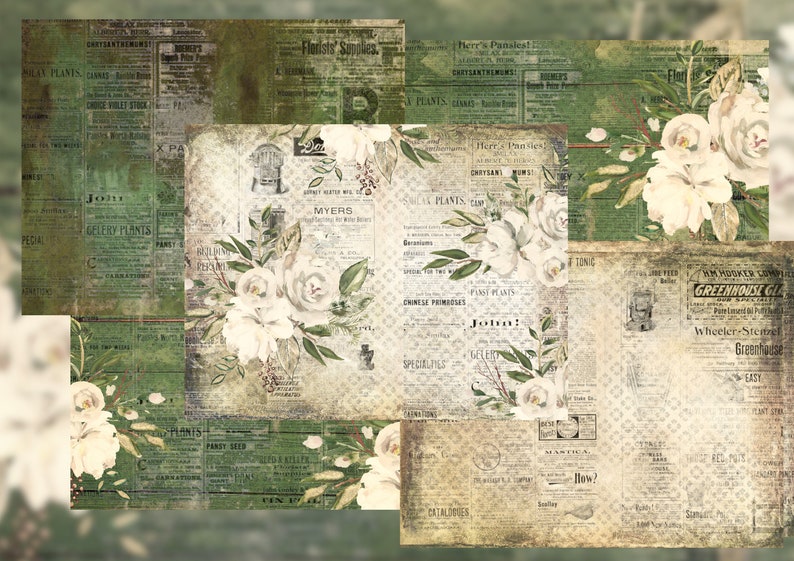 May include: A collage of vintage newspaper clippings with floral illustrations of white roses and green leaves. The text includes "Florists Supplies", "Herr's Pansies", "Myers", "Chinese Primroses", "John!" and "Greenhouse Gla".
