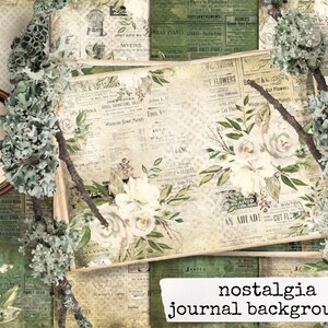 May include: A digital collage of vintage newspaper clippings and floral illustrations. The background is a green and white patterned paper. The text in the image reads "The Secret of Sweet Flowers", "John L.O. This Year", "Lang", "Cat Flowers", "Winter", "An Ahead! Cut Flowers", and "nostalgia journal backgrounds".