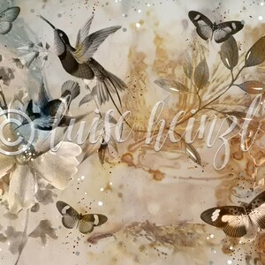 May include: A digital art print featuring a watercolor-style background with a delicate floral design. The print features three butterflies and two hummingbirds in shades of gray and brown.