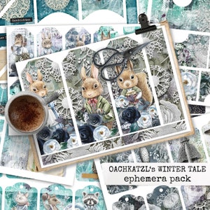 OACHKATZL’s Winter Tale Junk Journal Ephemera Pack, ensemble éphémère numérique pour journaux de pacotille, albums, albums, cartes, collage 21x29,7