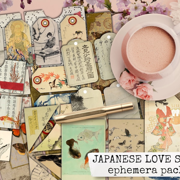 JAPANSE LOVE SONG ephemera add on, japan junk journal ephemera, azië ephemera kit, japanse digitale ephemera voor junk journals 8,5x11