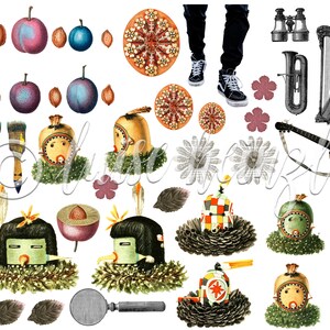 Op de afbeelding: Een collage van kleurrijke illustraties met verschillende objecten, waaronder muziekinstrumenten, bloemen, kwasten en fantasievolle figuren. De collage is geplaatst tegen een witte achtergrond.