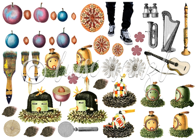 Op de afbeelding: Een collage van kleurrijke illustraties met verschillende objecten, waaronder muziekinstrumenten, bloemen, kwasten en fantasievolle figuren. De collage is geplaatst tegen een witte achtergrond.
