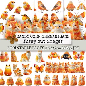 May include: A collection of whimsical, orange and white illustrations featuring birds, cats, and other creatures. The images have a candy corn theme, with the text "CANDY CORN SHENANIGANS fussy cut images" and "5 PRINTABLE PAGES 21x29,7cm 300dpi JPG".