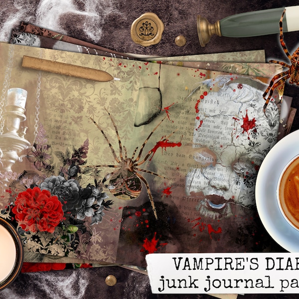 VAMPIRE'S DIARY DIN A4 kit de diario basura, diario de vampiro, páginas de halloween gótico de vampiros para diarios basura 21x29,7