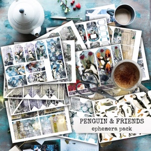 PENGUIN & FRIENDS vintage Pinguin digitales Junk Journal Ephemera, Scrapbook Pinguin, herunterladen ausdrucken 21x29,7