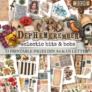 May include: A digital collage kit titled DEPHEMEREMBER eclectic bits & bobs featuring 33 printable pages in DIN A4 and US Letter sizes. The collection includes vintage-style ephemera, floral illustrations, a kingfisher, a kitten, and stamps.