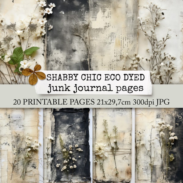 SHABBY CHIC eco dyed junk journal pages, dried botanicals, neutral background pages for junk journals, collage sheets 21x29,7