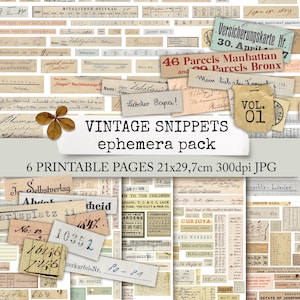 Pack éphémère VINTAGE SNIPPETS, extraits vintage créatifs sertis d’extraits d’anciens documents pour journaux indésirables, albums, collages