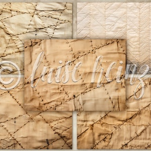May include: Five different textures of fabric with stitching. The fabric is a light brown color and has a worn, vintage look. The stitching is in a variety of patterns, including diagonal, horizontal, and vertical.