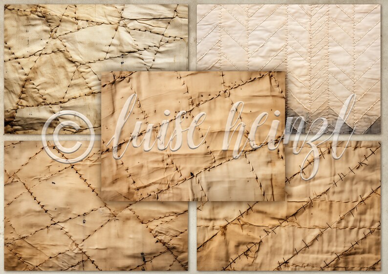 May include: Five different textures of fabric with stitching. The fabric is a light brown color and has a worn, vintage look. The stitching is in a variety of patterns, including diagonal, horizontal, and vertical.