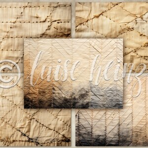 May include: A set of six vintage-style fabric textures with a herringbone pattern and stitching. The fabric is a light beige color with brown and black accents. The fabric is worn and faded, giving it a rustic look.
