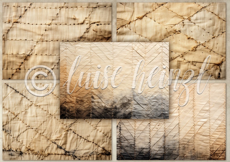 May include: A set of six vintage-style fabric textures with a herringbone pattern and stitching. The fabric is a light beige color with brown and black accents. The fabric is worn and faded, giving it a rustic look.