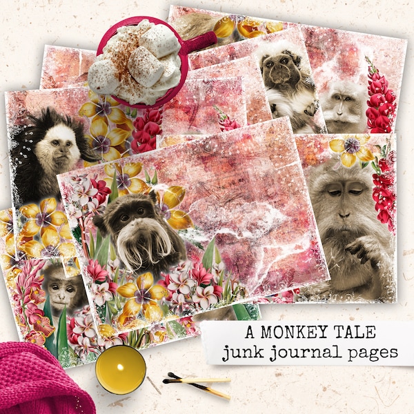 a monkey tale junk journal pages, ape digital printable paper, collage sheets for scrapbook, paper crafting, whimsical chimp scrapbook paper