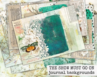 the show must go on junk journal Hintergrund Papier, Collage Papier f. handgemachte Notizbücher, Kartenherstellung digitales Papier Download