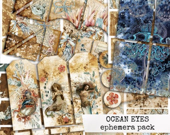 OCEAN EYES junk journal ephemera, digital printable ephemera with mermaids & seahorses, instant download for junk journal, collage sheet