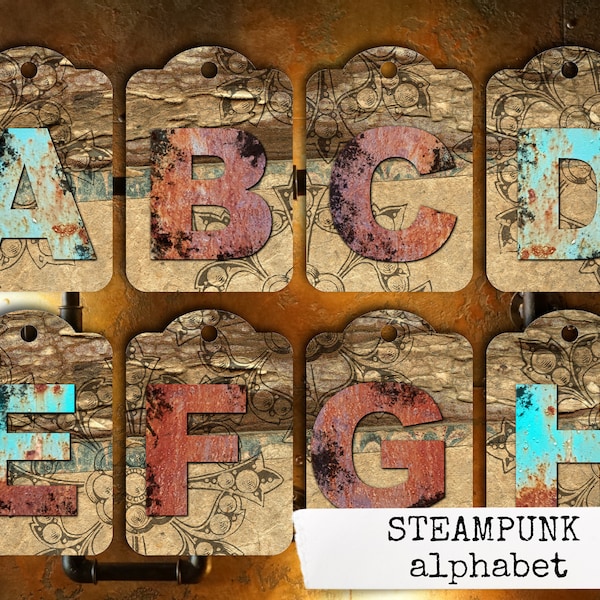 STEAMPUNK ALPHABETH ephemera für junk journal, digitales junk journal, steampunk digitales kit, scrapbooking ephemera  8,5x11