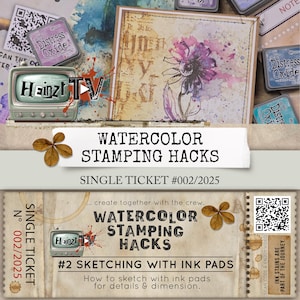 Op de afbeelding: Promotieafbeelding voor een aquarel stempel tutorial. De afbeelding toont een aquarel schilderij van een bloem, inktpads en een vintage televisie. Tekst bevat "Watercolor Stamping Hacks" en "Sketching with Ink Pads".