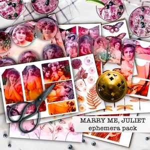 MARRY ME, JULIET, Boho Junk Journal Ephemera Pack voor notebooks, dagboeken en plakboeken, digitale download om af te drukken 8,5x11