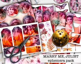 boho junk journal ephemera pack, marry me Juliet, instant digital download printable collage sheets for journal, diary & scrapbook