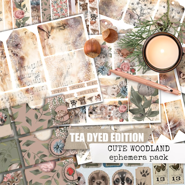 junk journal ephemera, cute woodland, woodland watercolor animals botanical eco dyed junk journal pages